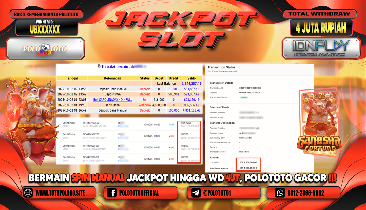 POLOTOTO JACKPOT SLOT GANESHA TREASURE Rp.4.000.000,- LUNAS