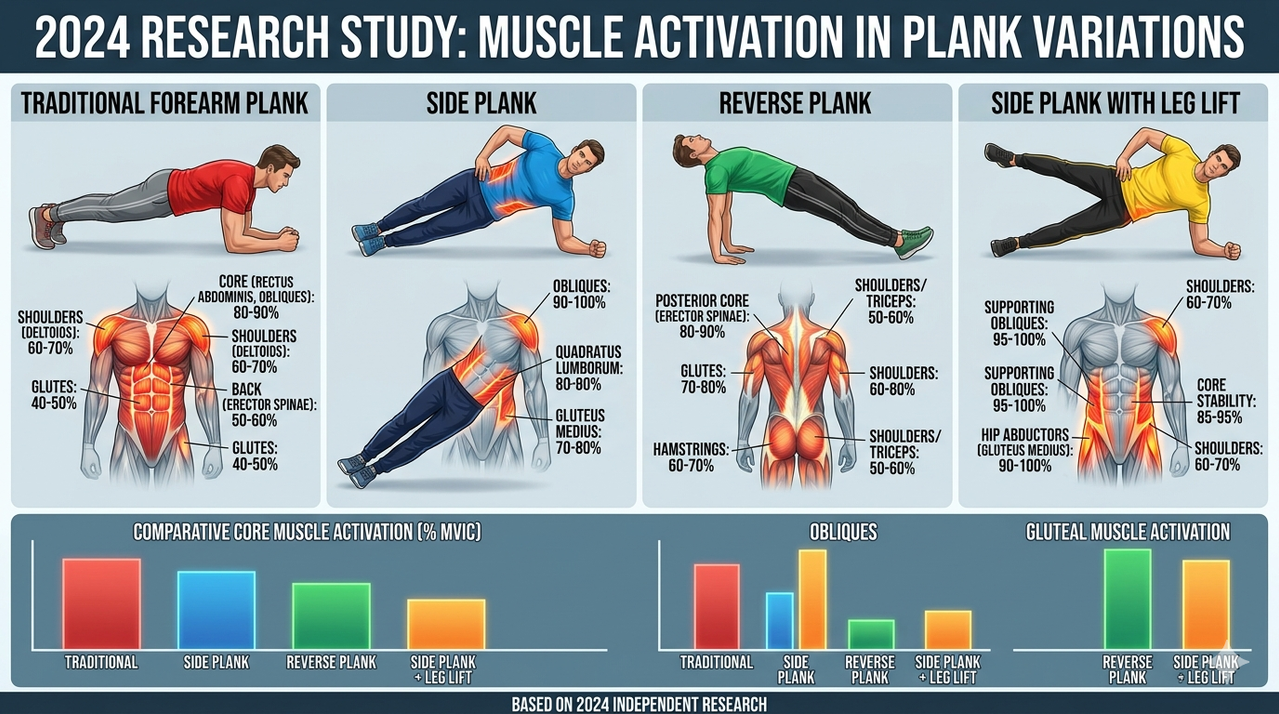 Infographic showing muscle activation levels during different plank variations side plank shoulder taps bird dog based on 2024 research study