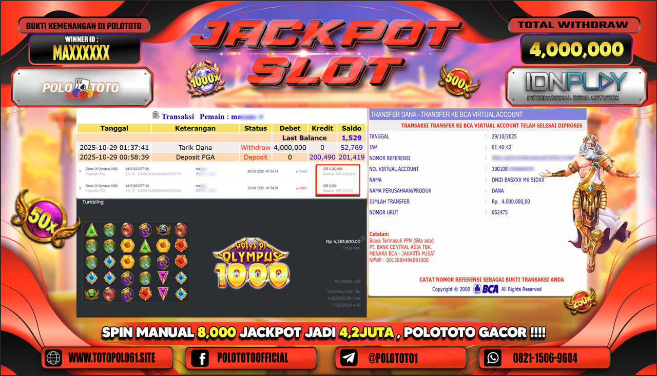 POLOTOTO JACKPOT SLOT GATES OF OLYMPUS 1000 Rp.4.000.000,- LUNAS
