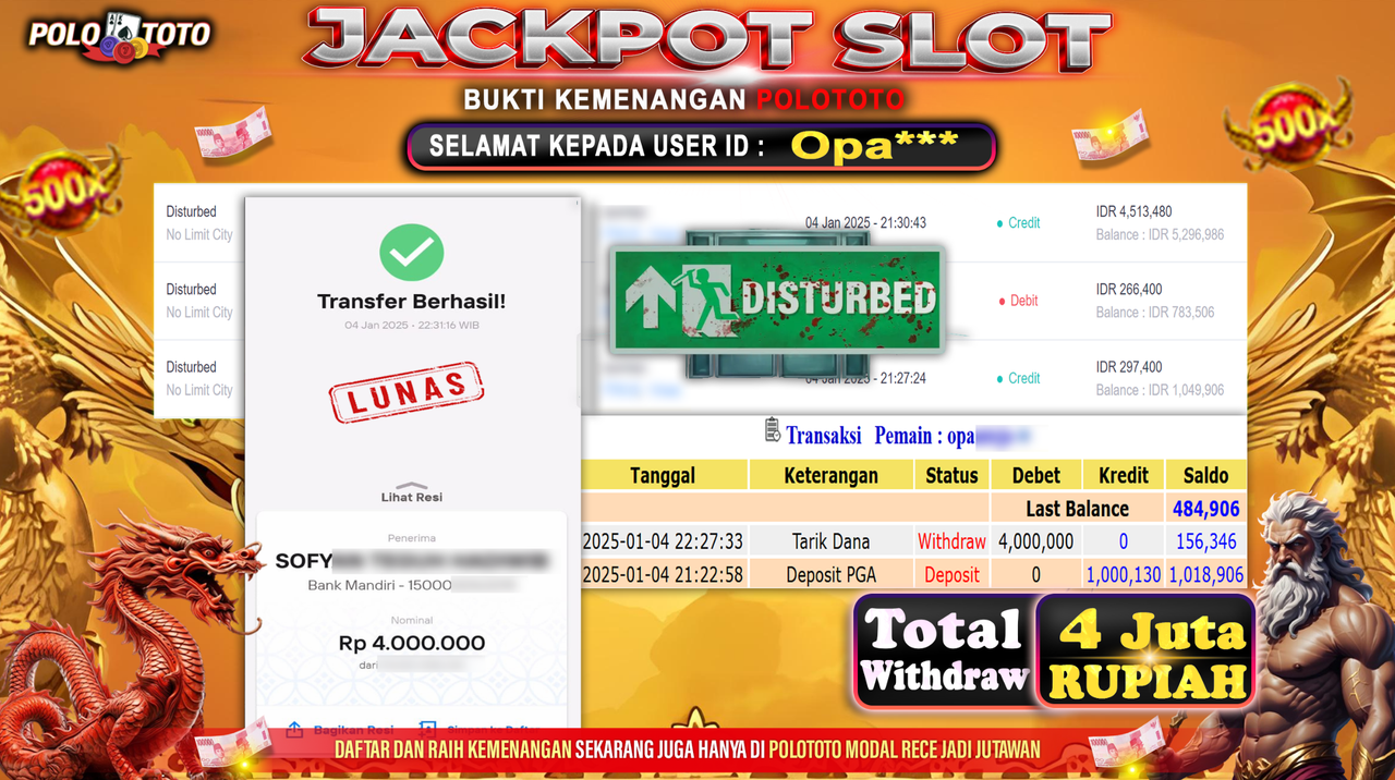 POLOTOTO JACKPOT SLOT DISTURBED Rp.4,000.000,-