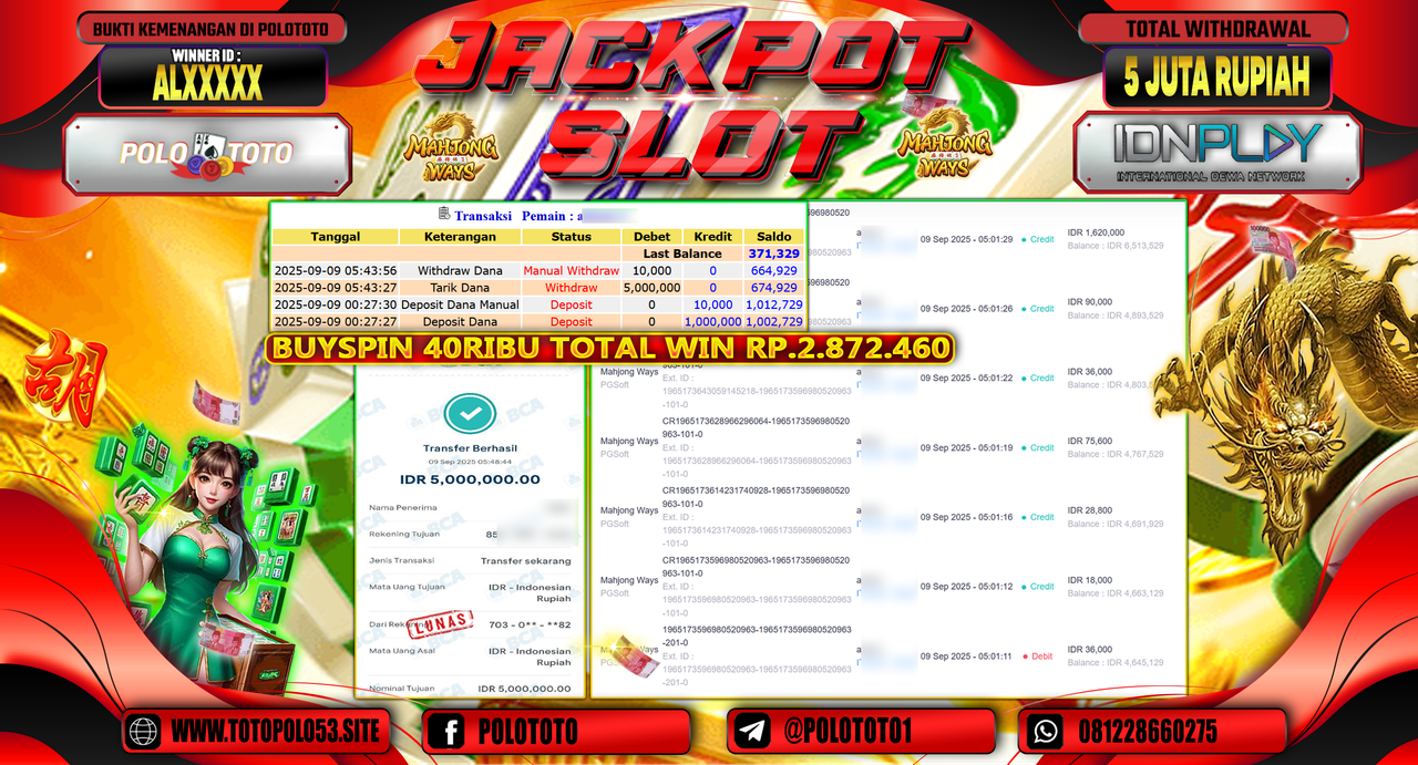 POLOTOTO JACKPOT SLOT MAHJONG WAYS Rp.5.000.000,-