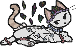 An image of Ieserk the cat laying down. She is wearing beaded accessories around her neck, paws, tail, and head, along with an unnatural obsidian crown, runestone tangle around her torso, and floating obsidian shards in the air near her. She is an almond and white cat, with the almond coloring on her ears and striped tail and the rest of her body white. She has scratch scars on her back. The base for this image was made by the user Gold from the Pixel Cat's End website.