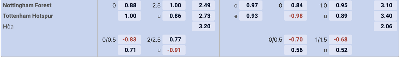 Tỷ lệ kèo Nottingham vs Tottenham