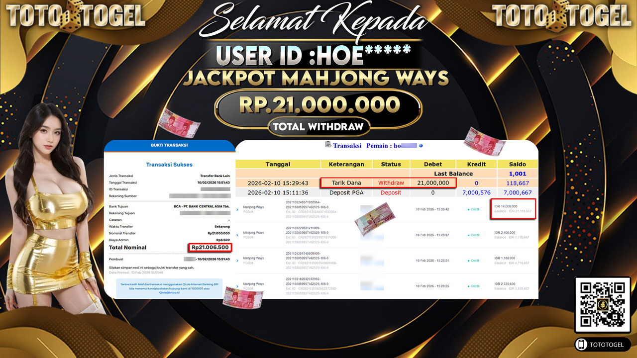 Bukti Pembayaran Jackpot Permainan Slot Mahjong Ways ID:HOE*****LUNAS