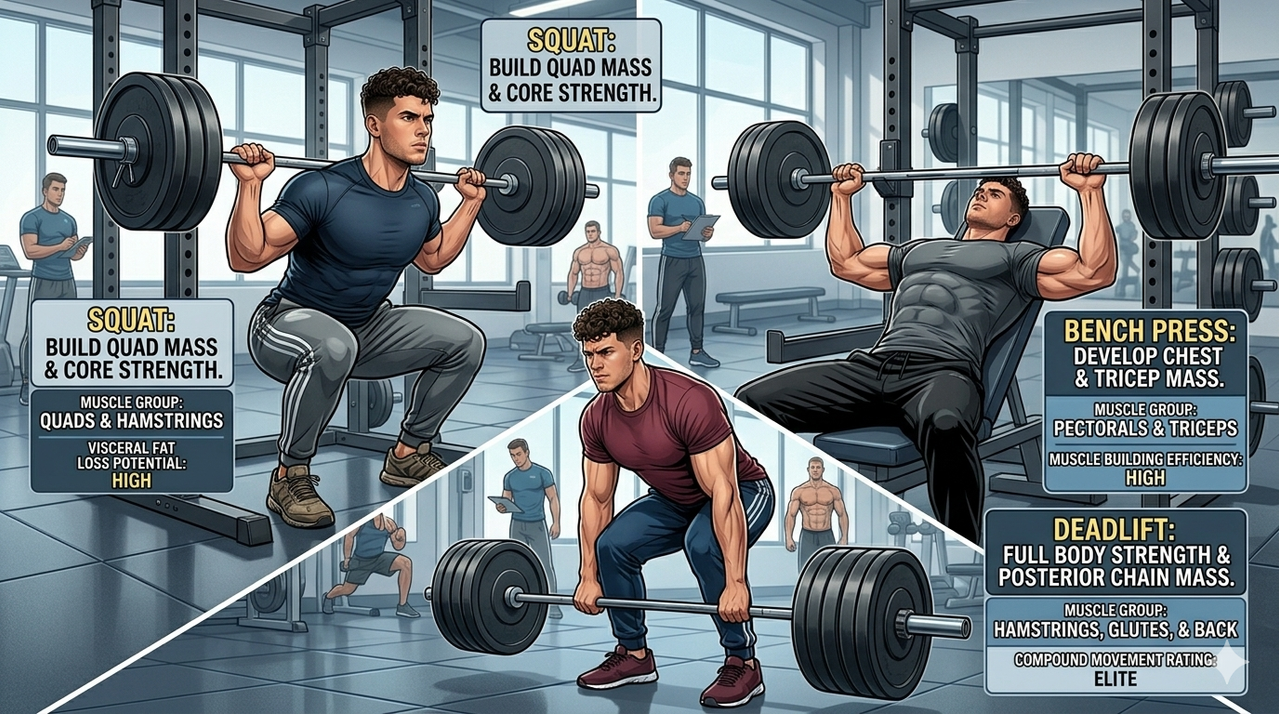 Collage of squat bench press and deadlift compound exercises being performed in gym for skinny-fat transformation and muscle building