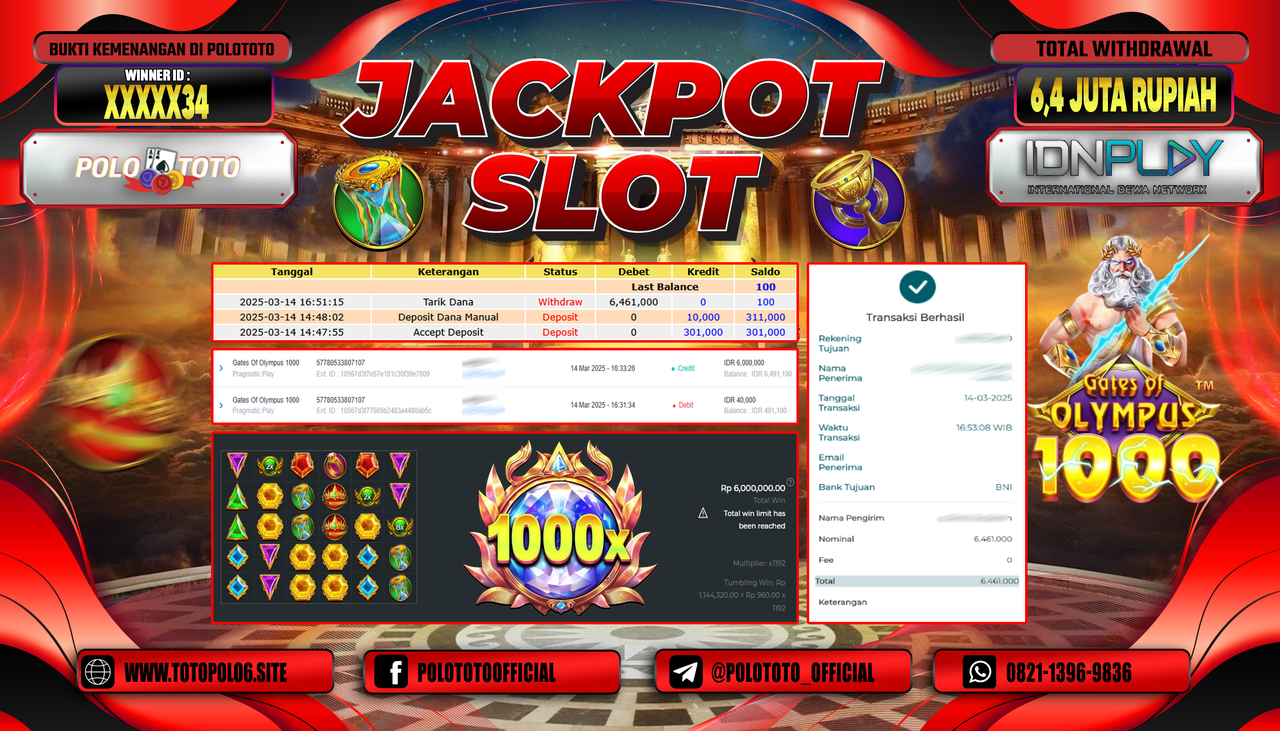 POLOTOTO JACKPOT SLOT GATES OF OLYMPUS 1000 Rp.6.461.000,-