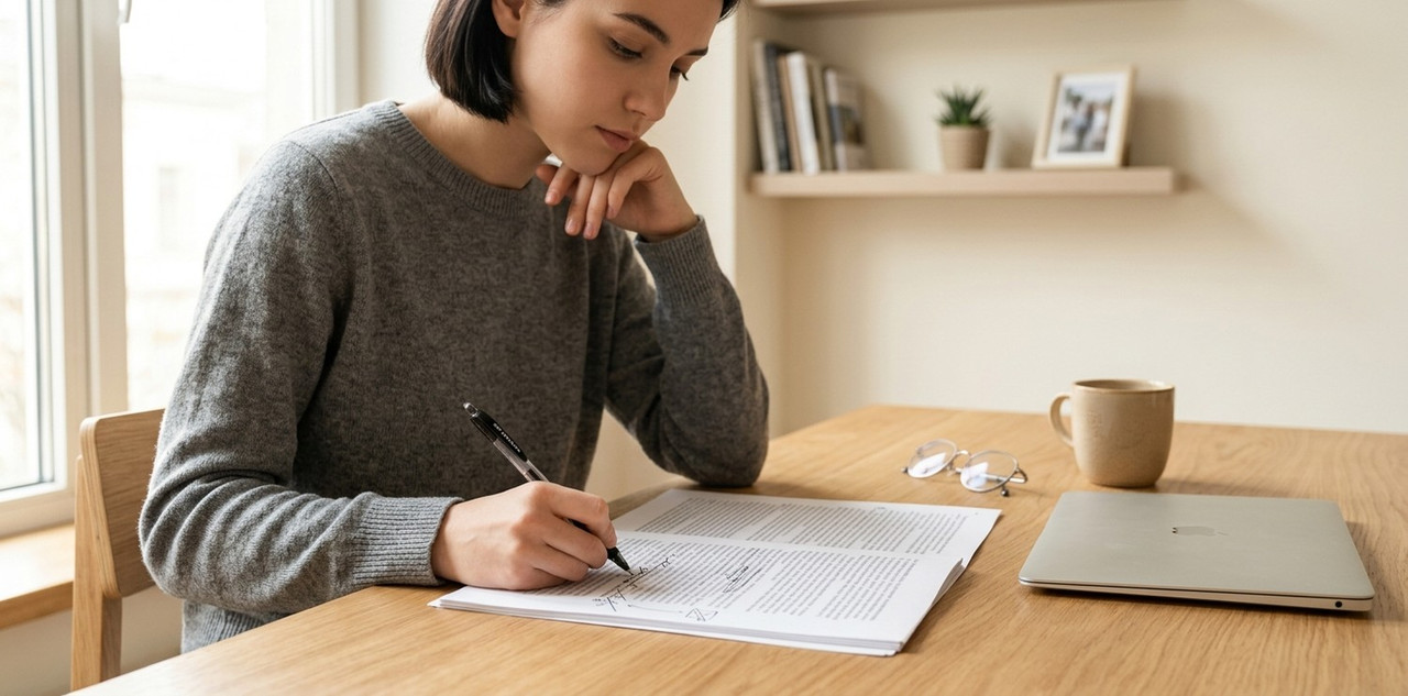 a young person sits at a modern light-wood desk