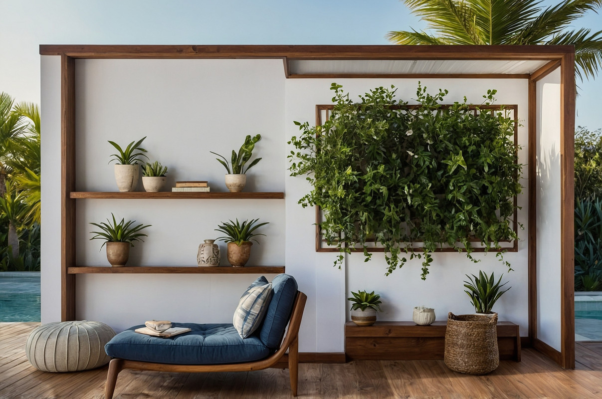 Tropical Balcony Design with Wooden Vertical Wall Planter