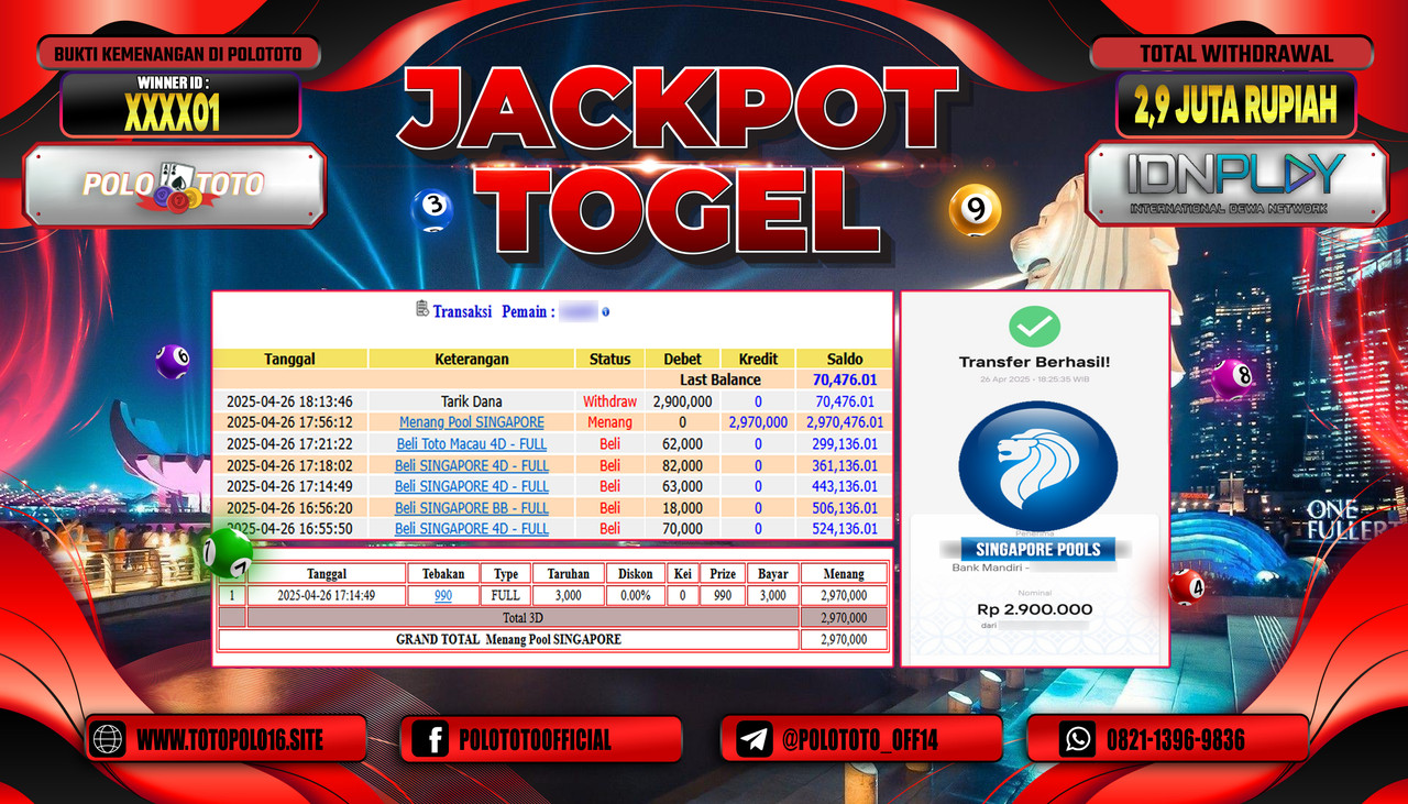 POLOTOTO JACKPOT TOGEL SINGAPORE POOLS Rp.2.900.000,-