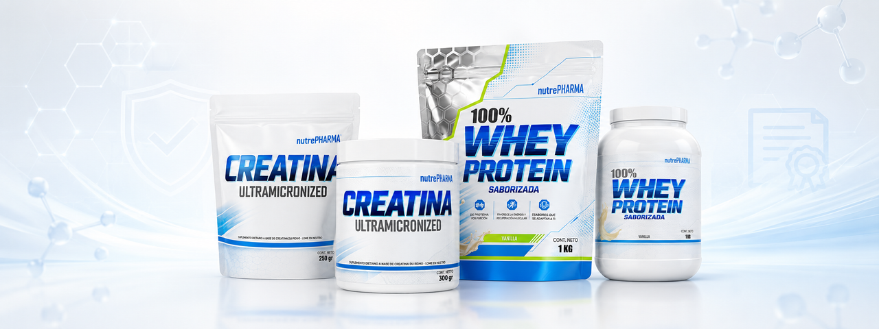 Productos NutrePHARMA de creatina ultramicronizada y whey protein