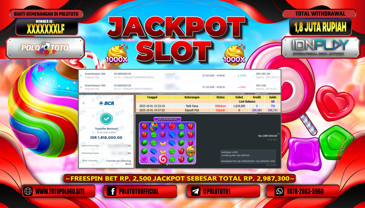 POLOTOTO JACKPOT SLOT SWEET BONANZA 1000 Rp.1.800.000,- LUNAS