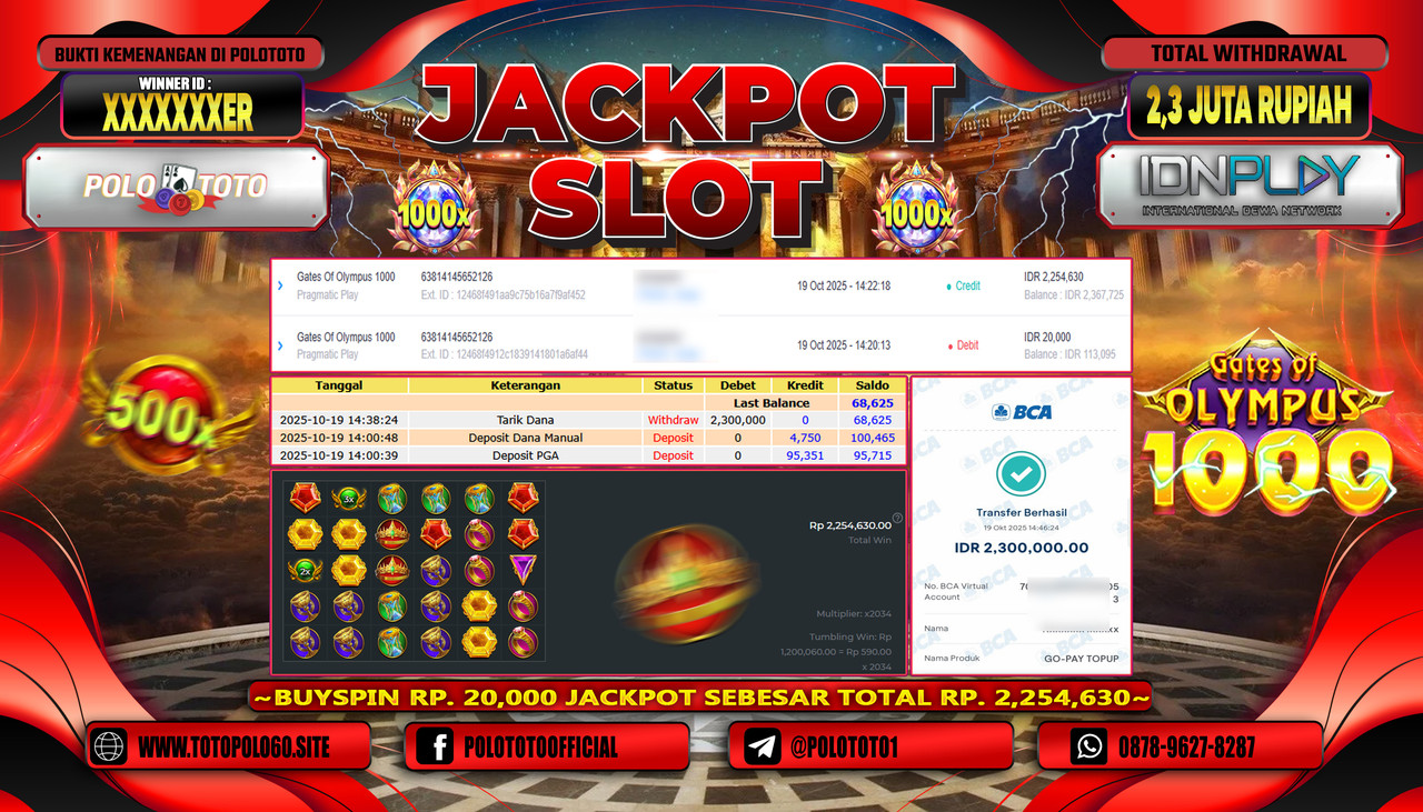 POLOTOTO JACKPOT SLOT GATES OF OLYMPUS 1000 Rp.2.300.000,- LUNAS