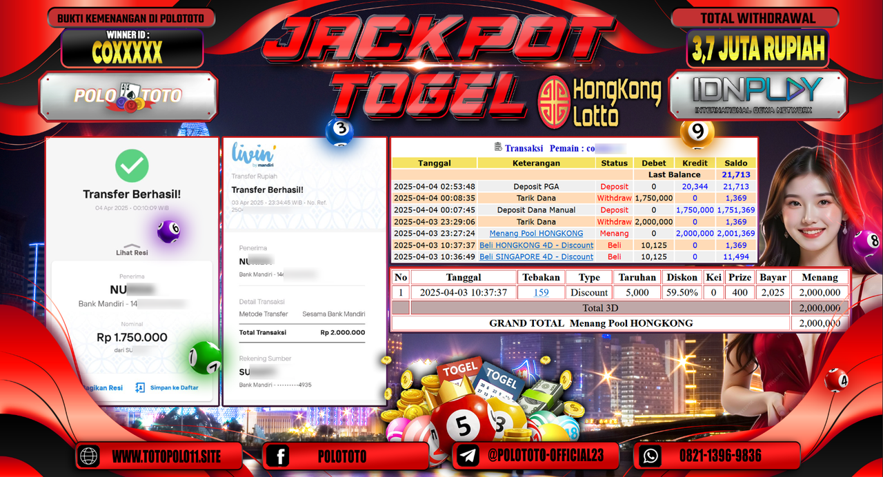 POLOTOTO JACKPOT TOGEL PASARAN HONGKONG LOTTO Rp.3.700.000,- LUNAS