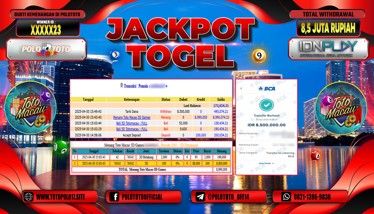 POLOTOTO JACKPOT TOGEL TOTOMACAU 5D Rp.8.500.000,-