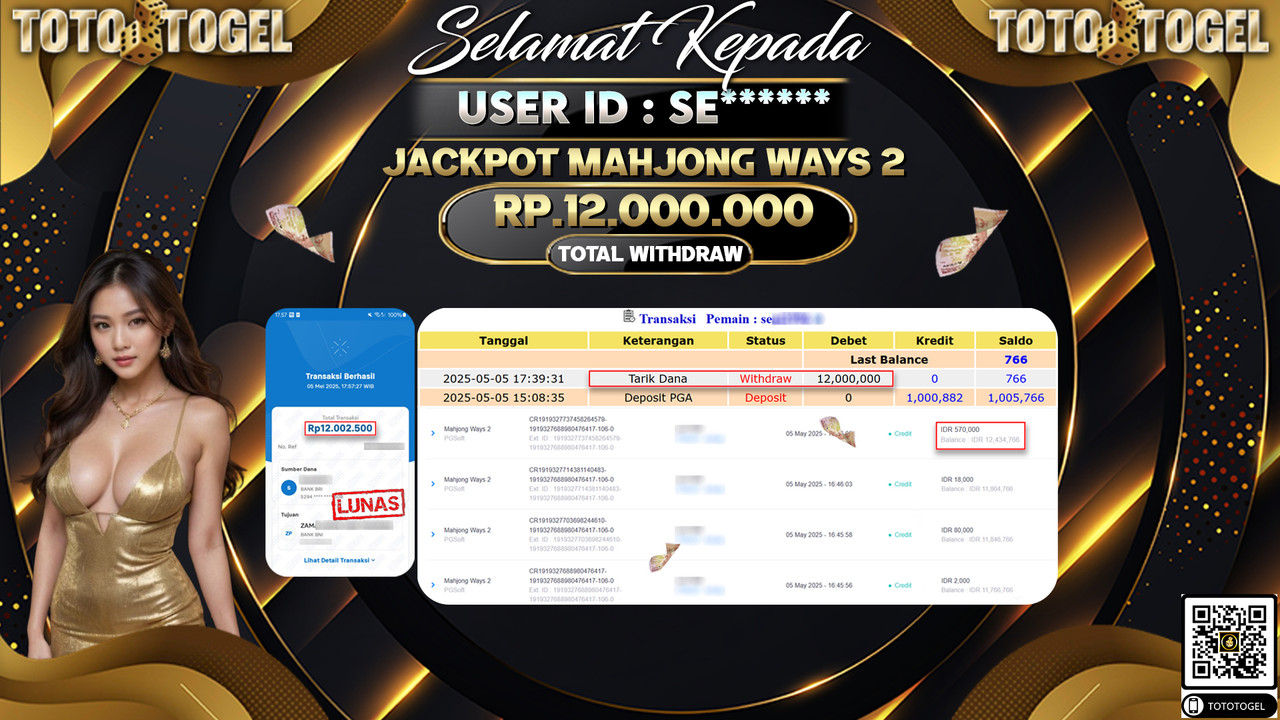 Bukti Pembayaran Jackpot  Permainan Slot Mahjong Ways 2 ID:SE***** LUNAS