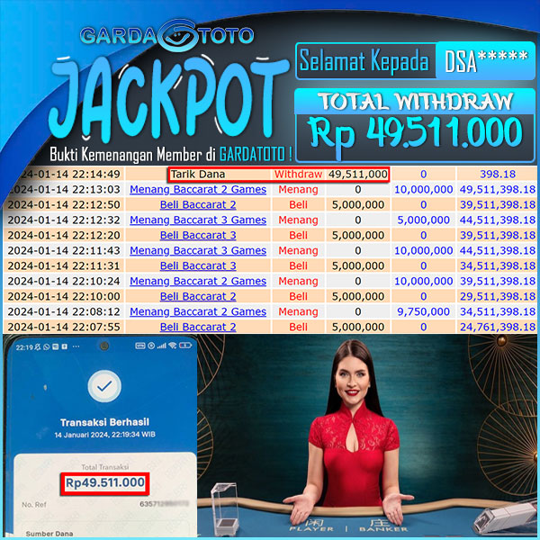 JACKPOT SLOT MAIN DI LIVE CASINO BACCARAT WD Rp 49.511.000,- DIBAYAR LUNAS