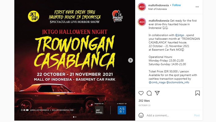Berkolaborasi dengan JKTGO, Mall of Indonesia tengah menggelar wahana rumah hantu drive-thru bertajuk 'TEROWONGAN CASABLANCA'.