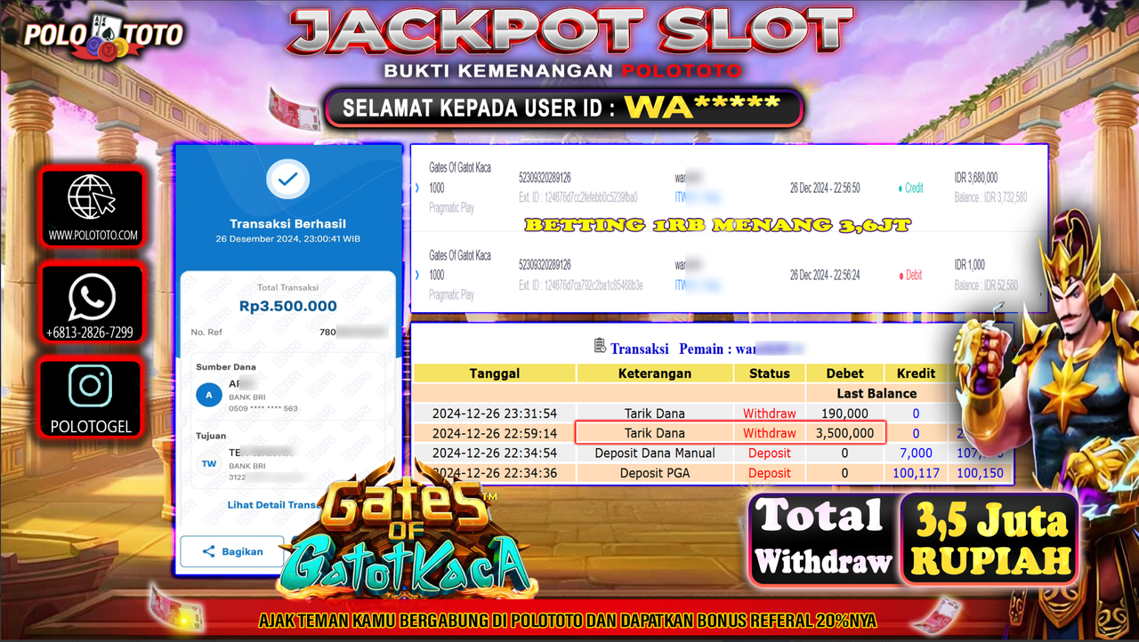 POLOTOTO JACKPOT SLOT GATES OF GATOTKACA Rp.3,500.000,-