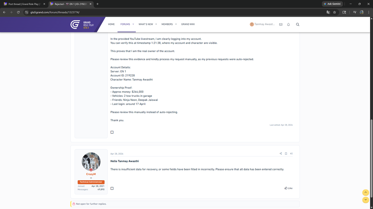 Rejected EN 1 ID 219228 Account recovery Grand Role Play Forum Google Chrome 5 12 20