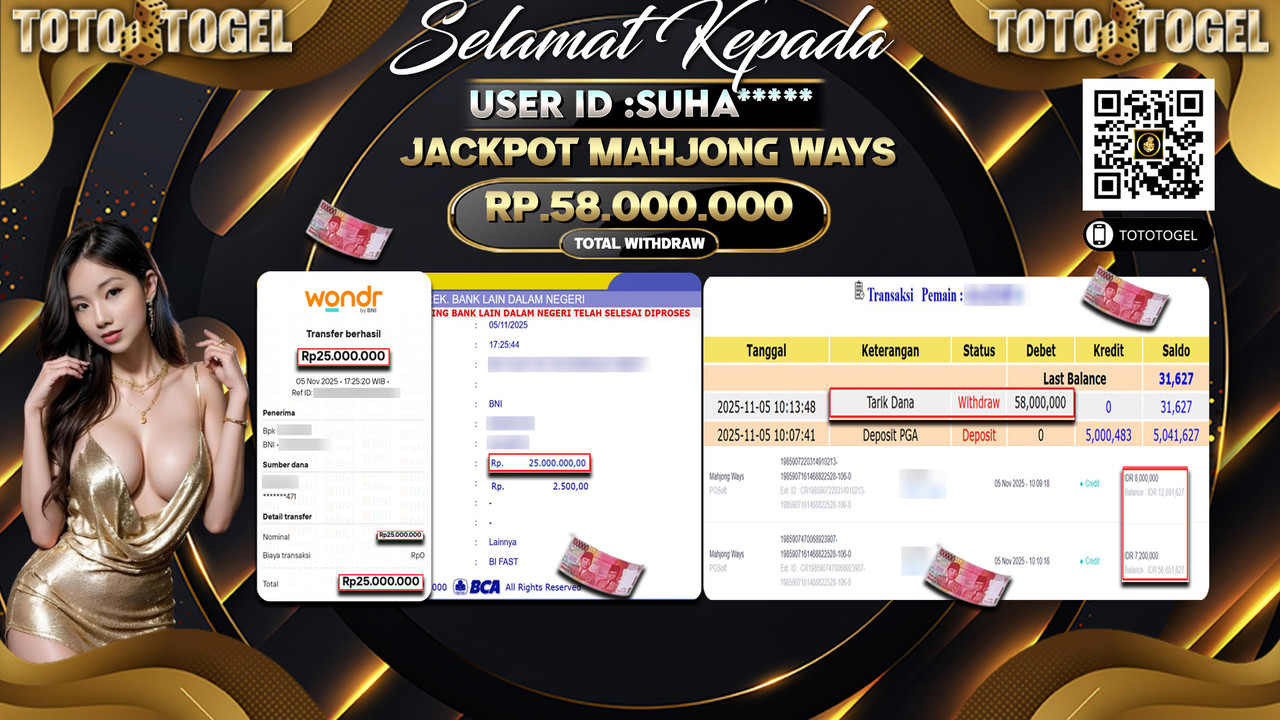 Bukti Pembayaran Jackpot Permainan Slot Mahjong Ways ID:SUHA**** LUNAS