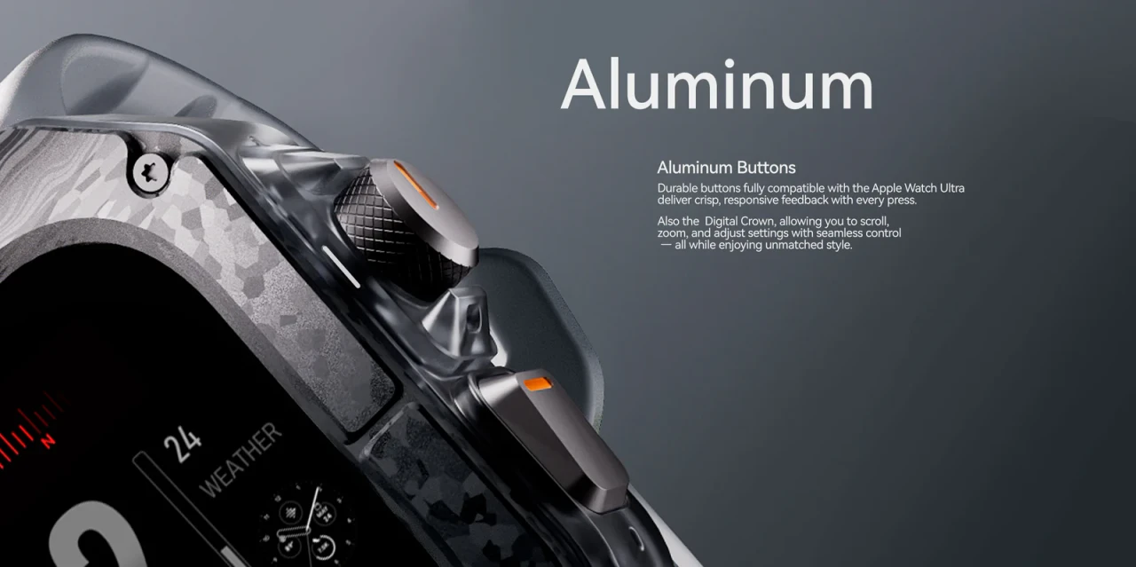 Set Husa si Curea pentru Apple Watch Ultra 1/2/3, Aulumu A01, din Fibra de carbon si cauciuc, Rezistenta la socuri, Butoane metalice tactile, Protectie 360°, Banda FKM elastica si durabila, Rezistenta la apa si transpiratie, Design premium, Negru A01 C PC BLOCK 2
