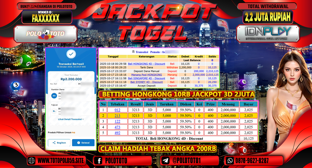 POLOTOTO JACKPOT TOGEL MENANG HONGKONG LOTTO Rp.2.200.000,- LUNAS