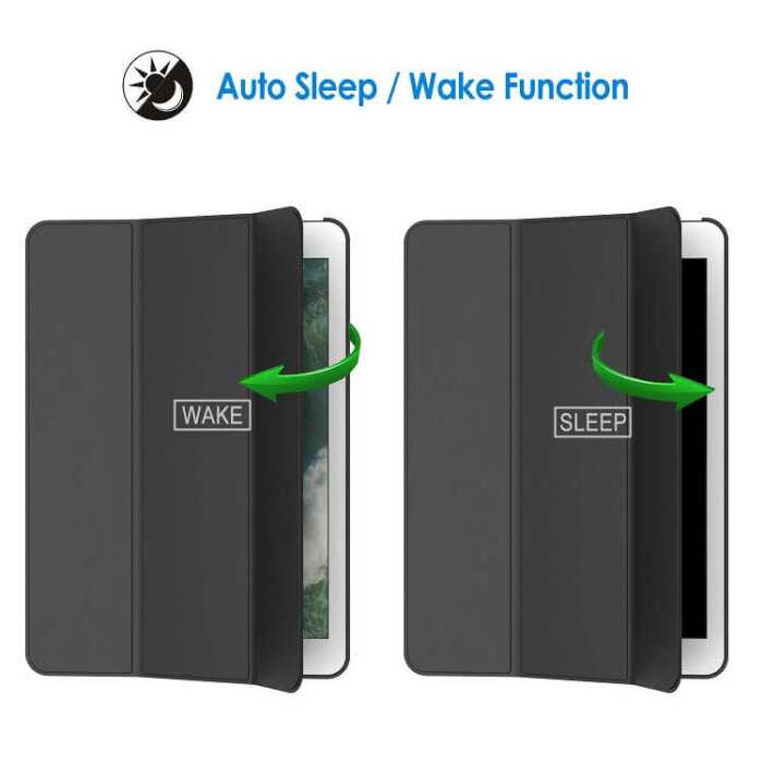 Funda tipo libro para iPad de 9.7 pulgadas, de color negro, con tapa plegable.