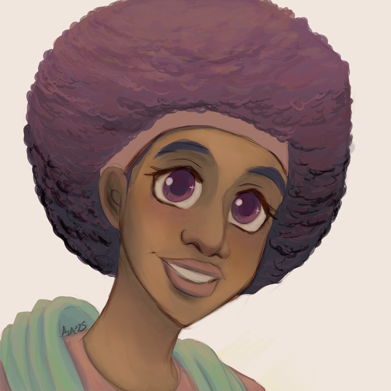 A portrait of angel Remiel, whose skin is a light brown with a blue afro with fuchsia lighting and eyes, wearing a pink robe and a green scarf over her shoulders, who smiles.