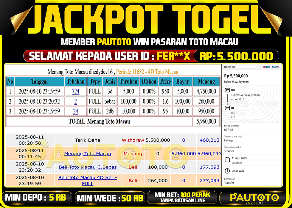 BUKTI PEMBAYARAN TGL 10 AGUSTUS 2025 MENANG DI PASARAN TOTO MACAU 4D TOTAL WD 5,5 JUTA