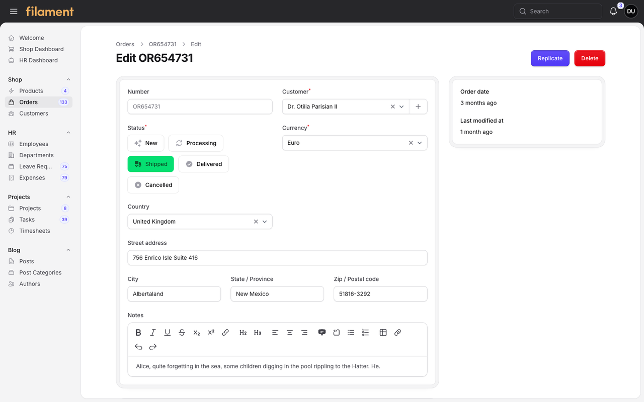 Stature Theme Shop order record page in light mode