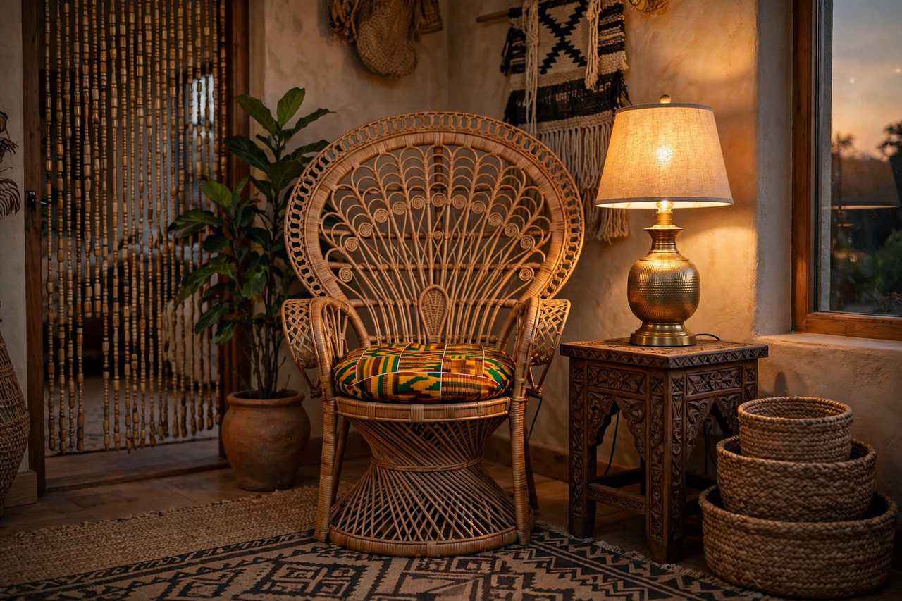 Afrohemian rattan reading corner with woven baskets, brass lamp and bamboo beaded curtain