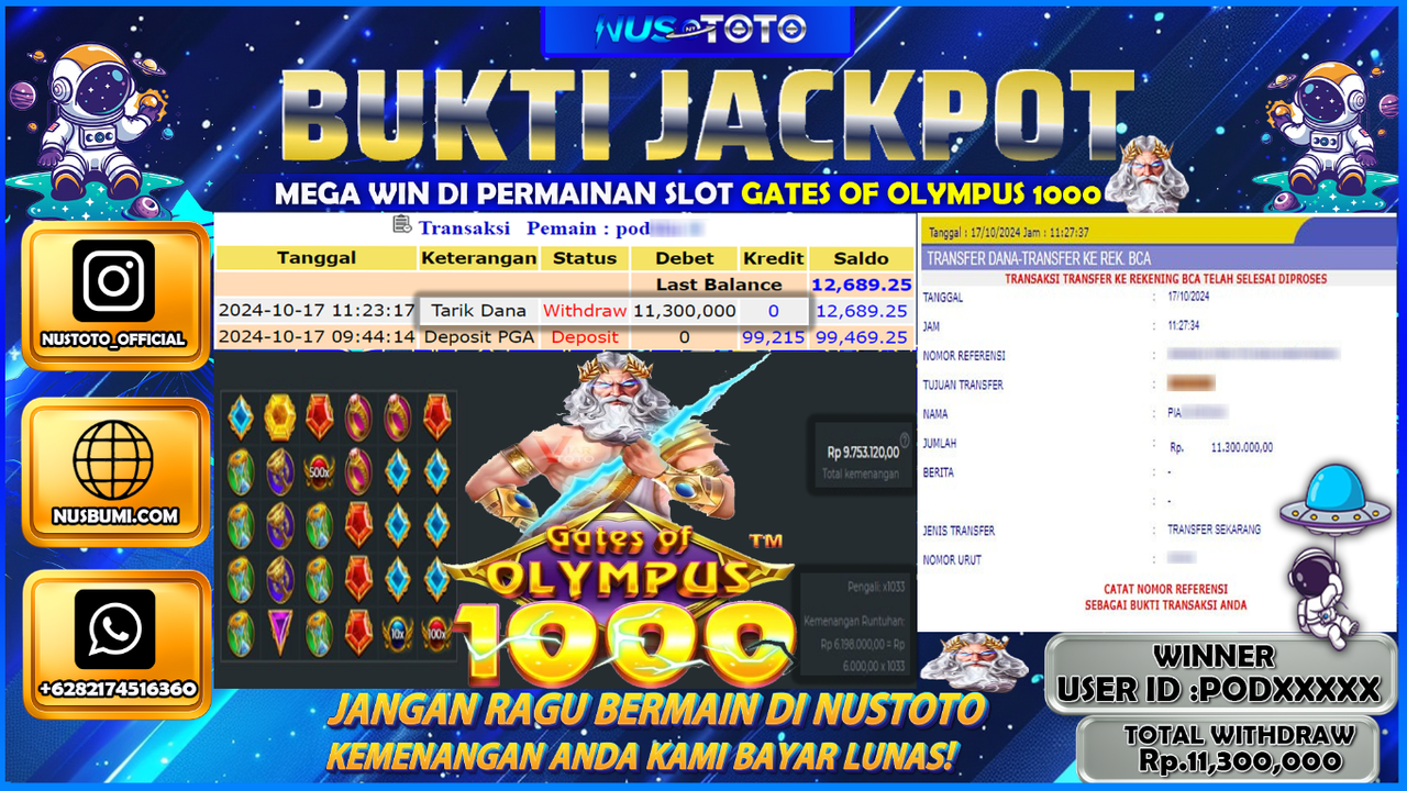 JACKPOT !! MENANG BESAR DI SLOT GATES OF OLYMPUS 1000 Rp. 11.300.000 LANGSUNG DI BAYAR LUNAS NUSTOTO !!