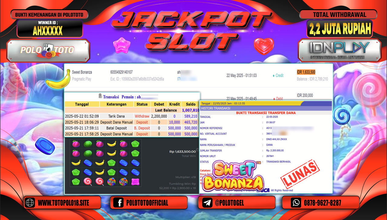 POLOTOTO JACKPOT SLOT SWEET BONANZA Rp.2.200.000,-