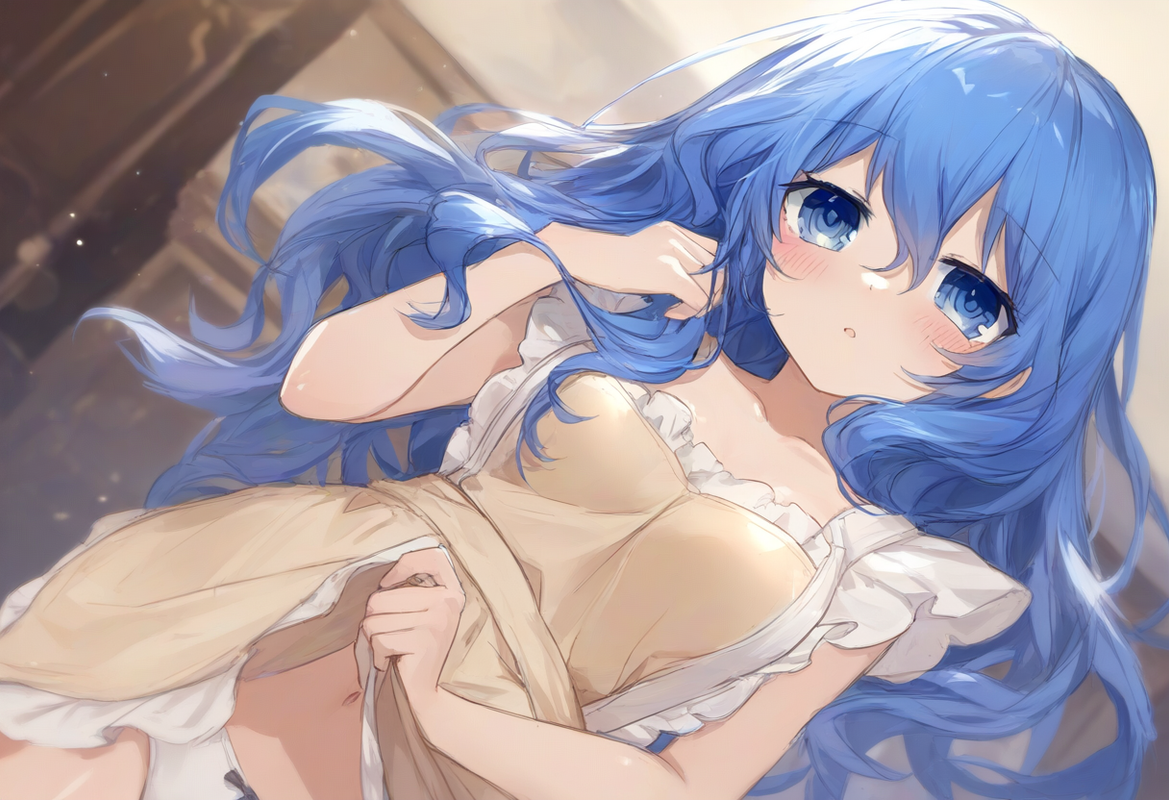 1girl, yoshino (date a live), nearly naked apron, underwear, blue hair, blue eye s-194803678