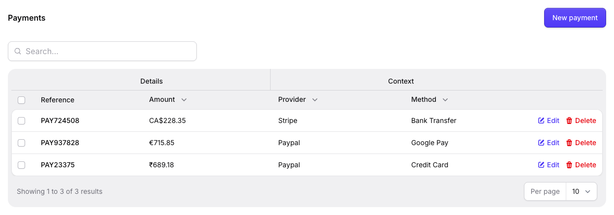 Stature Theme Order payments table with grouped Details and Context columns in light mode