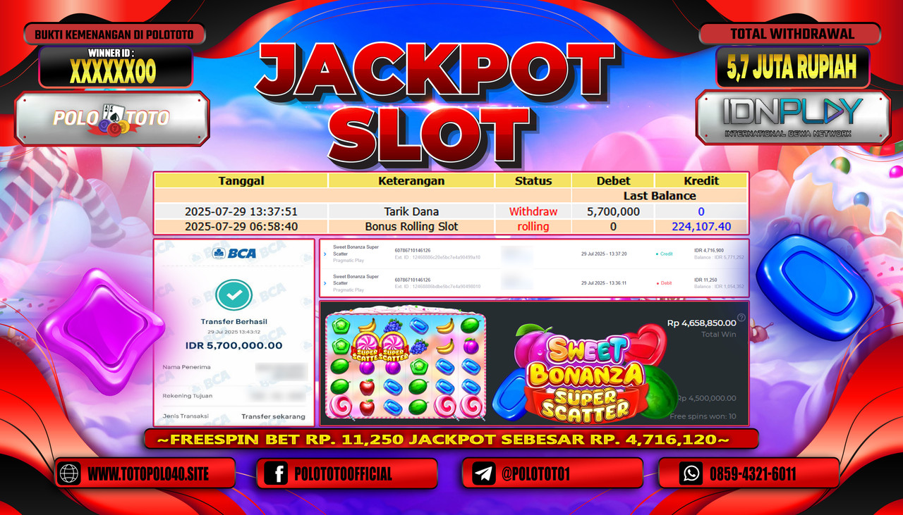 POLOTOTO JACKPOT SLOT SWEET BONANZA SUPER SCATTER Rp.5.700.000,- LUNAS
