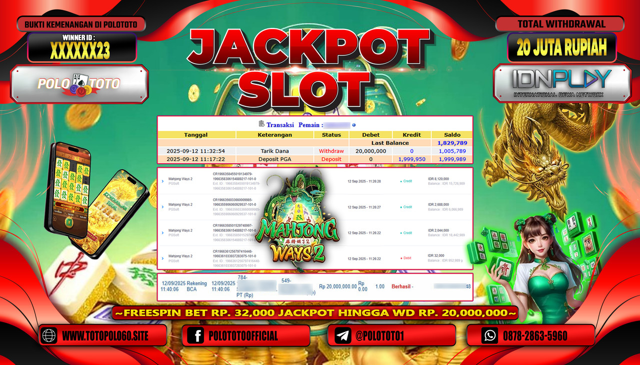 POLOTOTO JACKPOT SLOT MAHJONG WAYS 2 Rp.20.000.000,-LUNAS