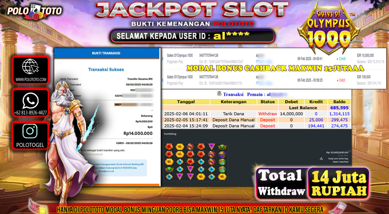 POLOTOTO JACKPOT SLOT GATES OF OLYMPUS 1000 Rp.14,000.000,-