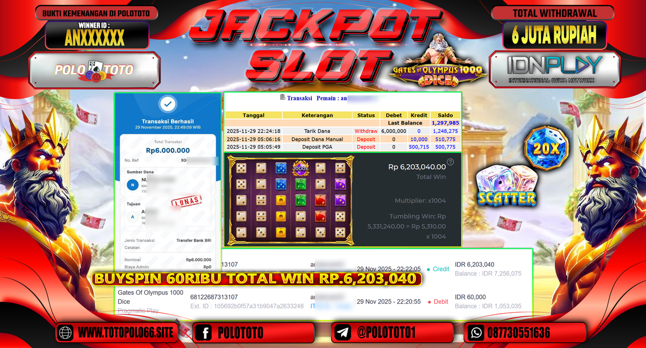 POLOTOTO JACKPOT SLOT GATES OF OLYMPUS 1000 DICE Rp.6.000.000,- LUNAS