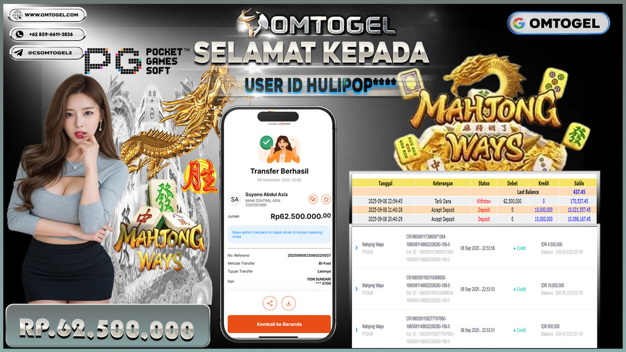 OMTOGEL JACKPOT PGSOFT MAHJONG WAYS 62 JUTA DI BAYAR LUNAS ,-