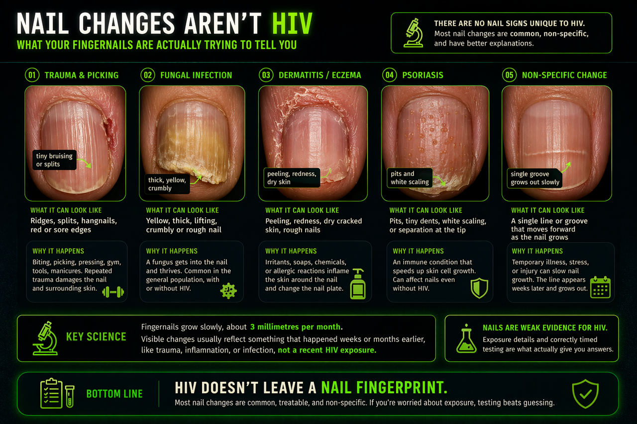 Infographic showing common fingernail changes that are often mistaken for HIV, including trauma and picking, fungal infection, dermatitis or eczema, psoriasis, and non-specific nail changes.