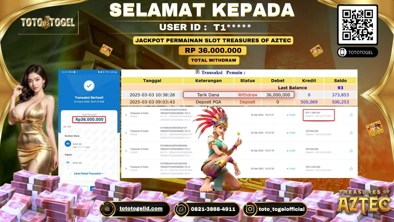 Bukti Pembayaran Jackpot  Permainan Slot Treasures Of Aztec  ID:T1***** LUNAS