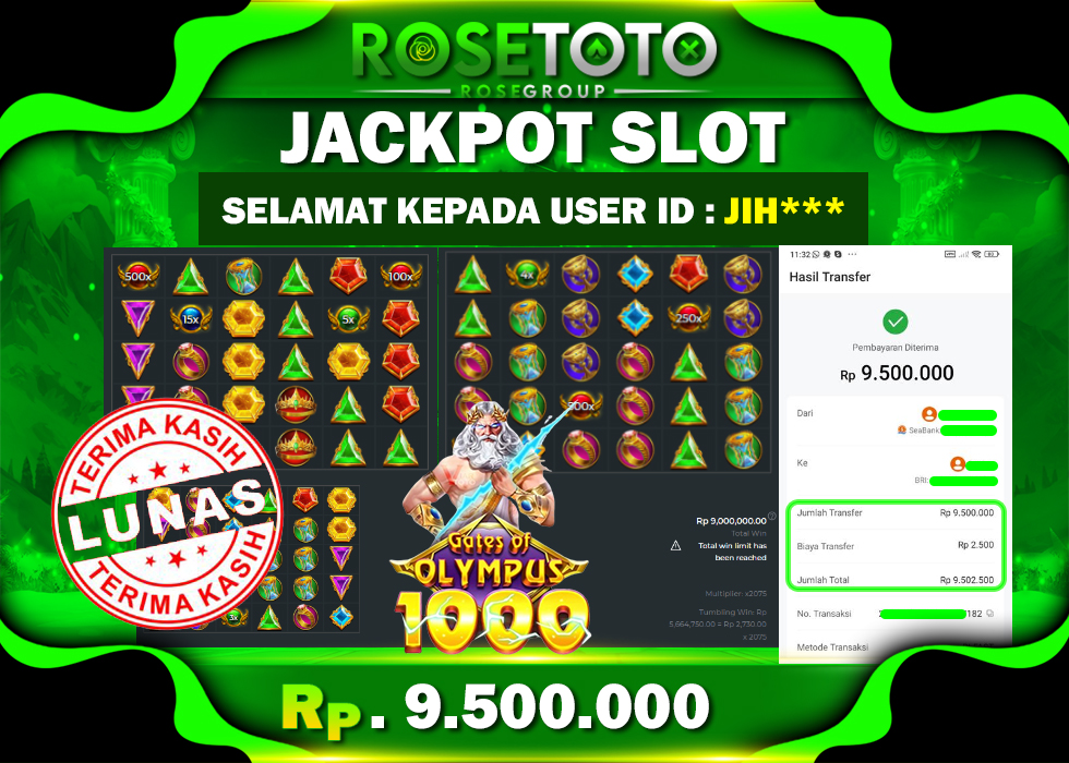 ROSETOTO JACKPOT SLOT Gates Of Olympus 1000 Rp.9.500.000.,- LUNAS