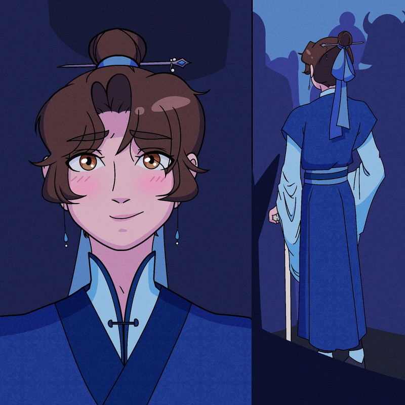 a close up of shang qinghua looking very nice and elegant in midnight blue robes with a hair pin in his hair and lovely earrings, looking really pleased and satisfied with slight blush to his cheeks looking out into the crowd where mobei jun is presumably being crowned, and then the next panel is a shot of shang qinghua's full body from behind where it is revealed he's using his ivory cane amidst a faceless crowd of other demons