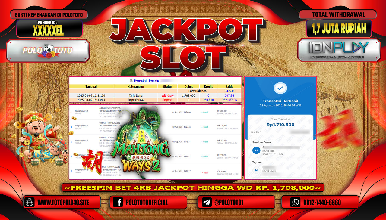 POLOTOTO JACKPOT SLOT MAHJONG WAYS 2 Rp.1.700.000,-LUNAS