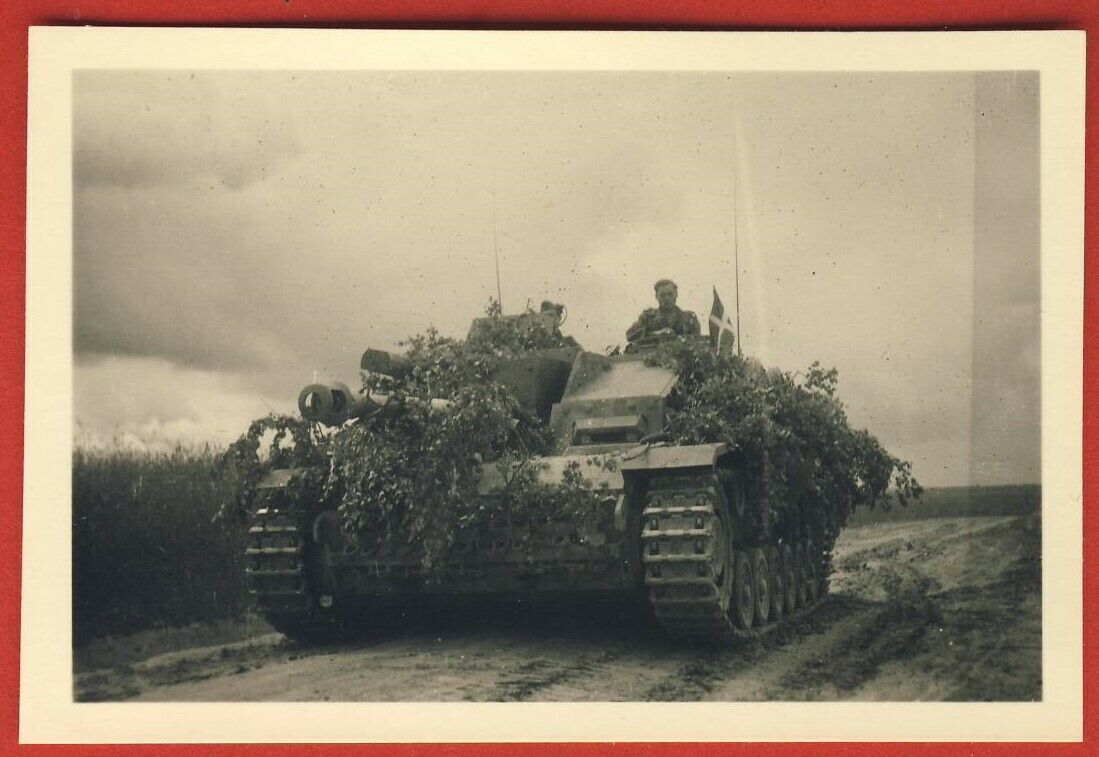 Fotos Panzer Sturmgeschütz  mit Tarnung und Fahne Rußland Feldzug