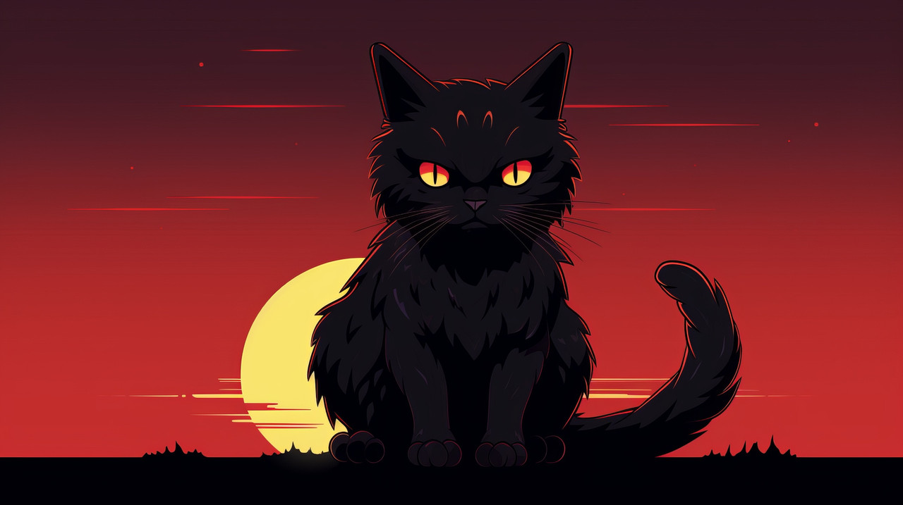 picture of a black cat behind a red sky with the sun