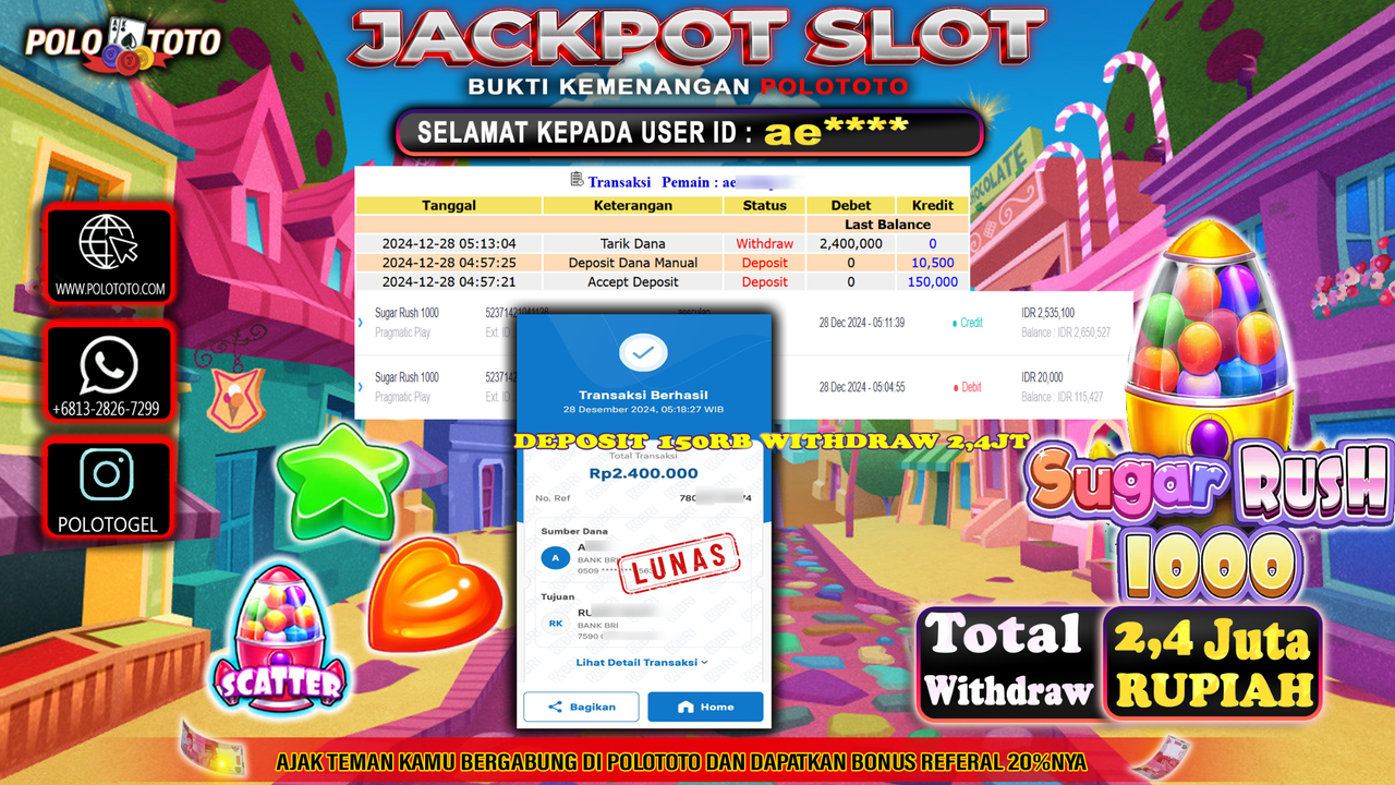 POLOTOTO JACKPOT SLOT SUGAR RUSH 1000 Rp.2,400.000,-