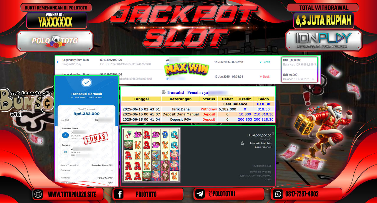 POLOTOTO JACKPOT SLOT LEGENDARY BUM BUM Rp.6.382.000,-
