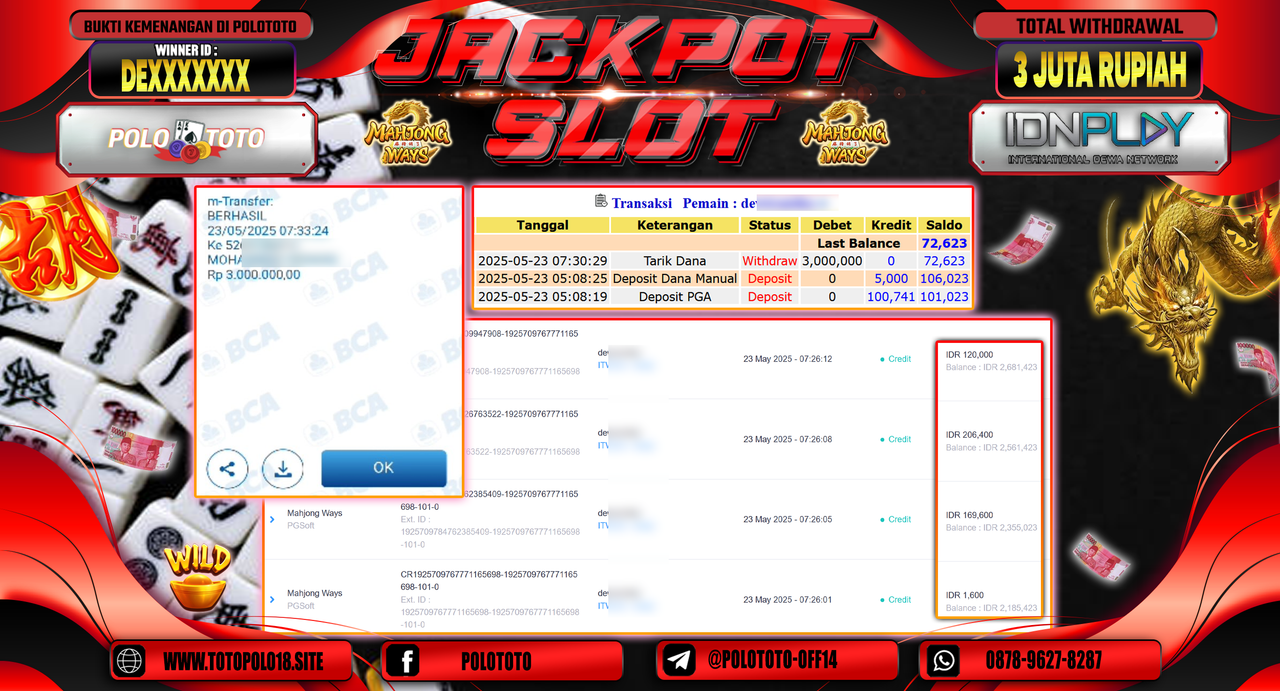 POLOTOTO JACKPOT SLOT MAHJONG WAYS Rp.3.000.000,-